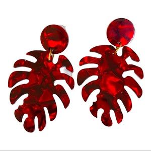 Festive Red Acrylic Tropical Leaf Earrings